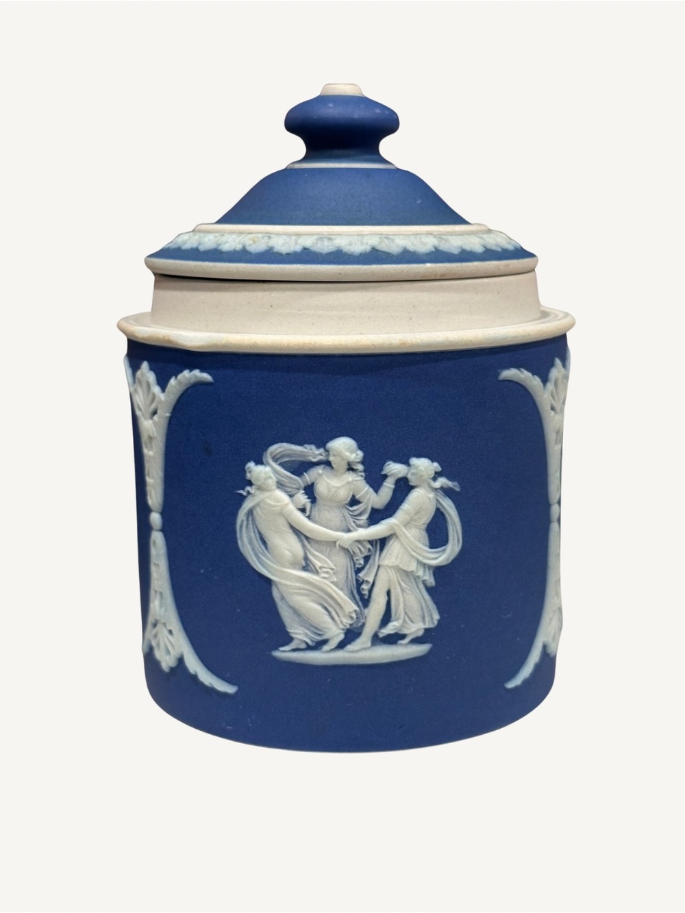 Antique Wedgwood Dark Blue Jasperware Tobacco Jar w/ 3 Distinct Reliefs